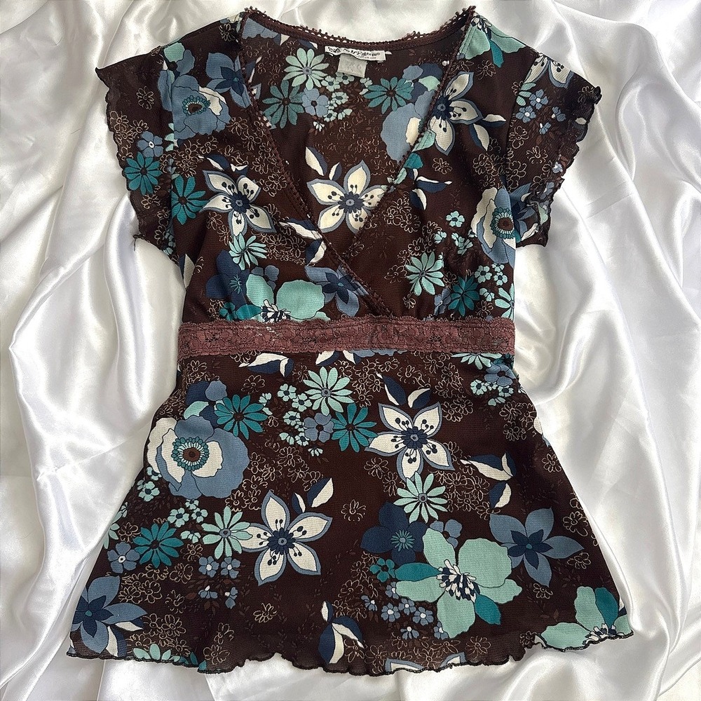 Self Esteem Y2K Brown Floral Mesh Top Faux Wrap Lace Trim Empire Waist